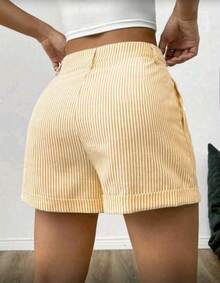 Women's Striped Shorts With Pocket, Button, And Zipper, Ideal For Everyday Wear. - 淺褐色的. - 查看 2