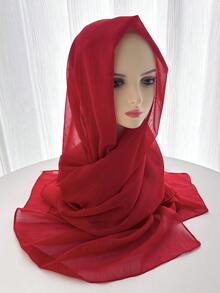 1pc Pleated Satin Headscarf, Suitable For Women's Daily Outfit Matching - Red - View 4