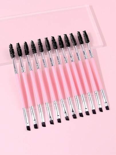 12支装粉色双头睫毛卷翘刷眉刷塑料手柄便携版眼妆刷睫毛嫁接刷，专业化妆刷，家用户外男女通用