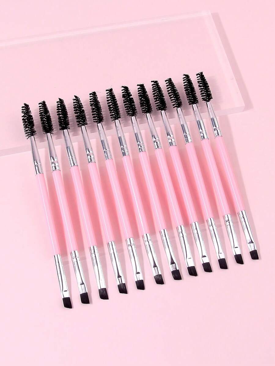 12支装粉色双头睫毛卷翘刷眉刷塑料手柄便携版眼妆刷睫毛嫁接刷，专业化妆刷，家用户外男女通用