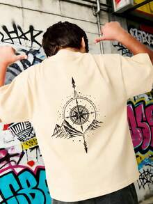 男童休闲印花圆领短袖T恤，夏季上衣 - 杏色 - 查看 3