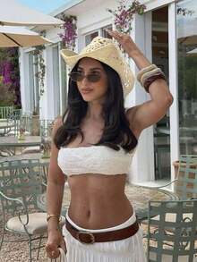 Hand-Woven Panama Cowboy Wide-Brimmed Hat, Bohemian Style Beach Straw Hat, Hat, Casual Windproof Beach Hat - 淺褐色的 - 查看 4