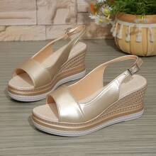 Giày sandal cao gót đế xuồng, quai ngang mắt cá chân, hở mũi, họa tiết dệt dành cho nữ, thích hợp cho mùa hè. - Vàng - Xem 2