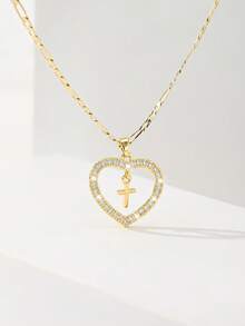 Dây chuyền thánh giá dành cho nữ với khung hình trái tim và đá Zirconia đính kèm, nhỏ nhắn và tinh tế với kết cấu mịn, đá Zirconia lấp lánh và chắc chắn, lý tưởng để làm quà tặng và đeo hàng ngày, tượng trưng cho sự bảo vệ và tình yêu. - Vàng - Xem 5