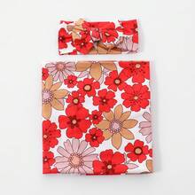 Receiving Blanket Headband Set Flower Print Baby Swaddle Blankets - Đỏ - Xem 2