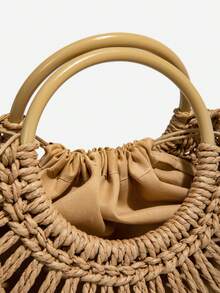 2件套新款时尚草编手提包，镂空沙滩包，大容量度假手提包 - 卡其色 - 查看 7