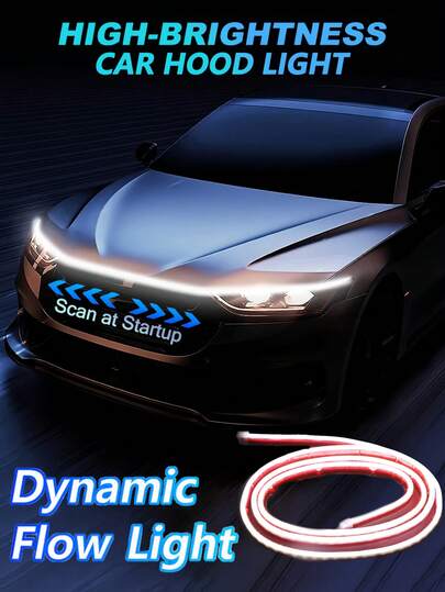 1 pieza Luz LED dinámica de inicio para el capó del coche, luz decorativa ambiente exterior flexible e impermeable, adecuada para la decoración del capó del coche con luz blanca de alta luminosidad universal, luz de circulación diurna para coche, instalación de cableado de 12V para sedán y SUV