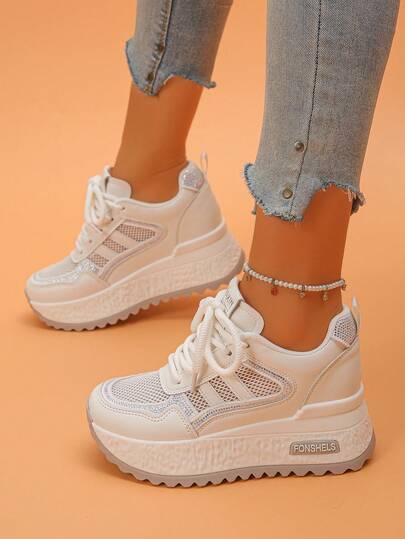 Women's Platform Sneakers, Casual Lace-Up Mesh & Rhinestone Decor Breathable Athletic Sporty Wedge Shoes, Fashion Chunky Sneakers With Hidden Heel