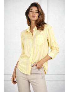 Women's Long-Sleeved Striped Linen Shirt, Brightly Colored - 黃色 - 查看 2