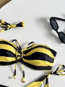 Bộ bikini 2 mảnh kẻ sọc thanh lịch không lưng kèm phụ kiện mặt dây chuyền đính hạt, bộ bikini đi biển. - Nhiều màu - Xem 2