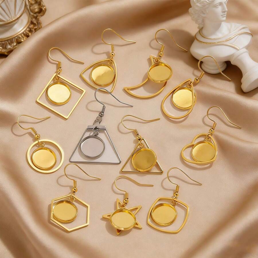 10-Piece Set Of Stainless Steel 18K Gold-Plated Heart, Circle, And Star Ear Hooks With 12mm Convex-Style Blank Backs For DIY Earring And Jewelry Making - Earring Tray - View 1