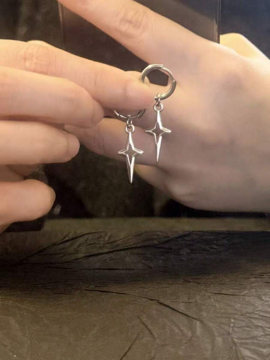 2件装朋克风不锈钢螺旋漩涡星形耳环，酷炫吊坠，黑色8英寸耳环，男女皆宜，哥特Y2K风格配饰，颓废风饰品 - 小芒星耳環 - 查看 1