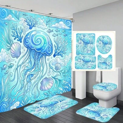 1pc/4pcs Jellyfish Pattern Multifunctional Bathroom Decor Shower Curtain Set, Free 12 Hooks Included, Elegant Holiday Atmosphere, Bathroom Mat, U-Shaped Toilet Mat And Round Toilet Mat, Suitable For All Scenarios Bathroom Set