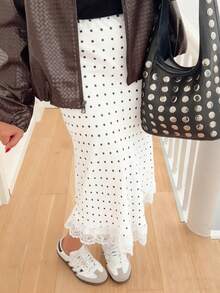 Women Satin Lace Trim Midi Skirt Polka Dot Print High Waist Long A-Line Skirts Vintage Silk Going Out Dress Y2k Streetwear Party Clubwear - 白色-A - 查看 4