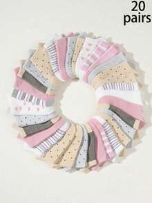 20 Paar Kinder Zufallsfarben Schleifen, Herzen, Streifen, Punkte, einfarbige atmungsaktive kurze Socken, geeignet für Frühling/Sommer - Verschiedenfarbig - Übersicht 9