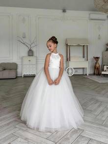 Váy công chúa lưới ngọc trai không tay cổ yếm nơ cho bé gái tuổi mới lớn, thích hợp cho tiệc sinh nhật, đám cưới, phù dâu, vũ hội, tiệc tùng, váy lễ hội cho dịp đặc biệt - trắng - Xem 4