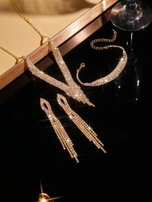 3件套时尚简约首饰套装，流苏项链、耳环、手链，适合女士晚宴和婚礼佩戴 - 金色 - 查看 2