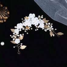 Băng đô cài tóc bằng đất sét mềm màu trắng hình hoa lá đính ngọc trai, phụ kiện tóc cô dâu trong đám cưới. - Vàng - Xem 6