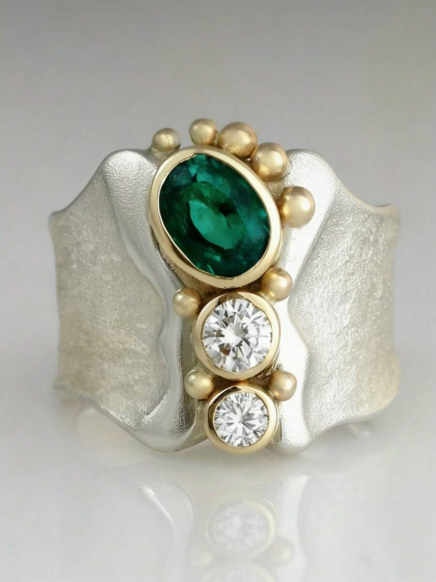 1 pièce Ensemble de bijoux de bague de mariage pour femme, édition large, avec anneaux en zirconium vert synthétique. Convient pour les fiançailles et les célébrations d'anniversaire - anneau - Voir 1