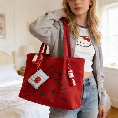 SANRIO 1 pieza Bolso de lona de Hello Kitty, bolso de hombro de gran capacidad para compras y uso diario