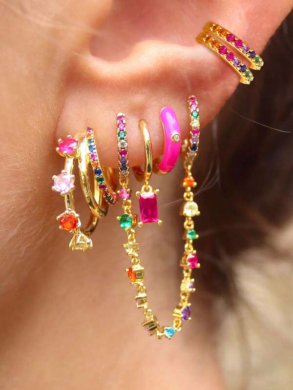 6pcs/Set(For 1 Side Ear) Luxury 24K Gold Plated Cubic Zirconia Dangle Earrings For Women Colorful Zirconia Hoop Earrings Set Fashion Jewelry