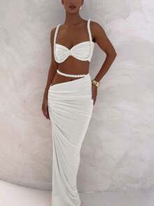 Women's Sexy Backless Camisole And Pleated Long Skirt Set, Summer Vacation Outfit - White - View 2