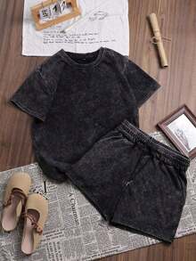LQTY 100% Cotton Summer Women's Solid Color Street Fashion, Korean Version Comfortable Retro Basic Commuter Versatile Y2K Women's Wear, Suitable For Outdoor Leisure, Regular Niche Punk Style Black Slim Fit Crew Neck Short Sleeve Washed T-Shirt And Shorts 2-Piece Set - 黑色 - 查看 2