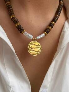 1件不锈钢圆形金鱼吊坠，配以木珠和不对称圆盘，18K镀金项链，防水百搭，女士适用 - 木串珠項鍊 - 查看 2