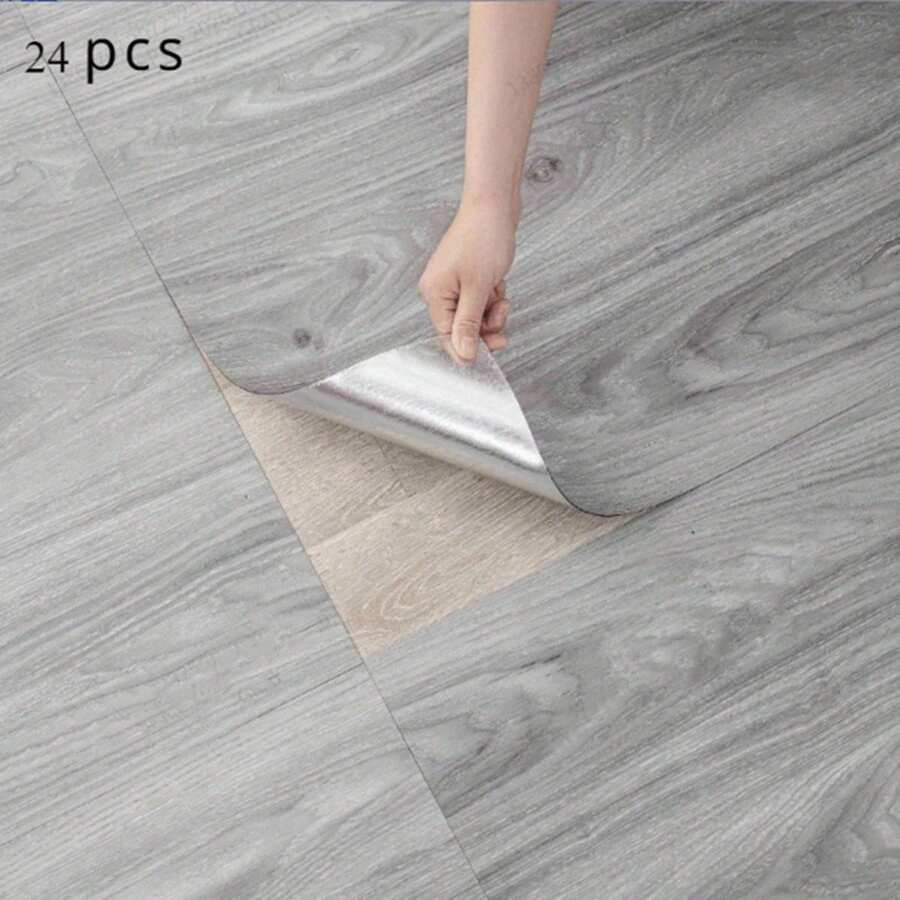 24pcs PVC Wood Grain Self-Adhesive Floor Tiles, Plastic Flooring For Home Renovation, Can Be Directly Laid On Cement Floor - 24pcs - View 1