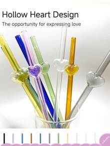 6pcs Heart Shape Glass Straws With 1 Straw Cleaning Brush, 8inch * 8mm Reusable Glass Drinking Straws, Cute Glass Straw For Juice, Coffee, Gift For Mother's Day, Valentine's Day - Multicolor - View 6