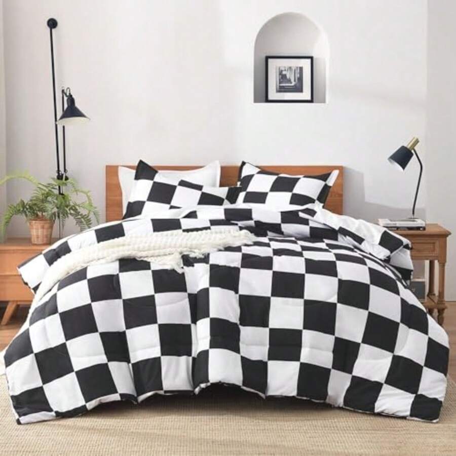 Checkered Comforter Twin 66x90Inch Black White Plaid Gingham Bed Set for Teen Boys Lightweight Microfiber Geometric Preppy Bedding 2 Pieces - 01 Cuadros Blanco y Negro - Ver 1
