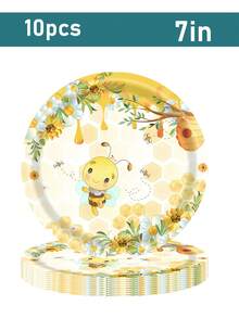 10 pièces Set de vaisselle thème abeille - Comprend assiettes, tasses, couverts, convient pour anniversaire, baby shower thème abeille, décorations de fête | Sert 10 invités - A - Voir 8