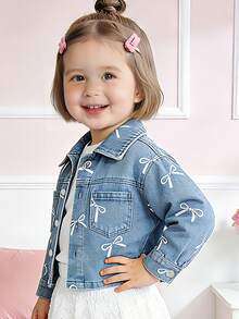 4-7岁女童春夏蝴蝶印花牛仔外套，翻领单排扣休闲百搭外套 - 藍色 - 查看 4