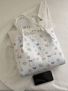 1 chiếc túi xách tay tối giản, chất liệu nylon trắng, in hình bướm và hoa, quai buộc thắt nút, kiểu dáng thường ngày, thời trang và đa năng dành cho nữ, mẫu mới mùa xuân. - trắng - Xem 10