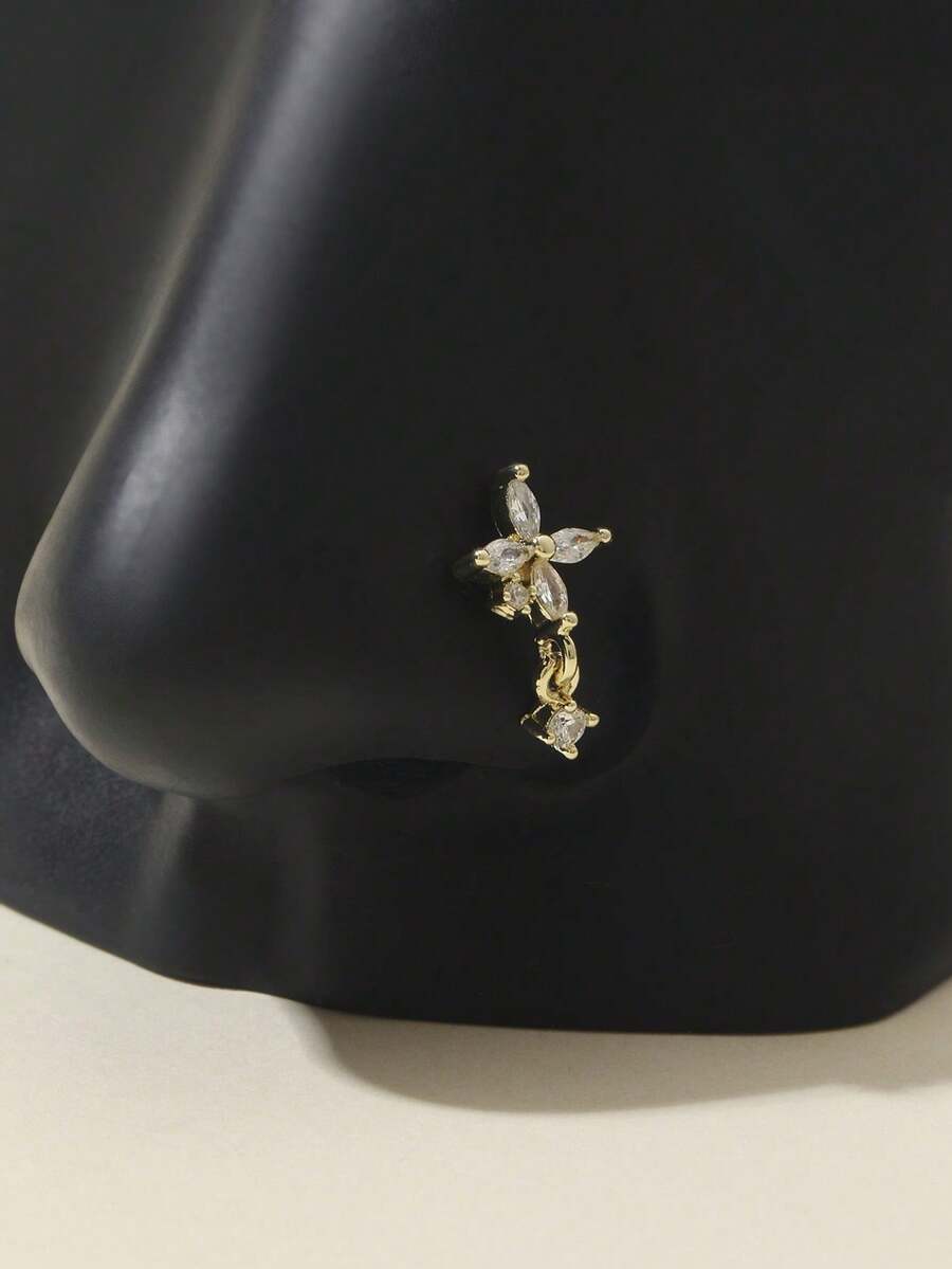 1pc L-Shaped Gold Rhinestone Flower Nose Ring/Stud, Valentine's Day & Mother's Day Gift - Gold - View 1