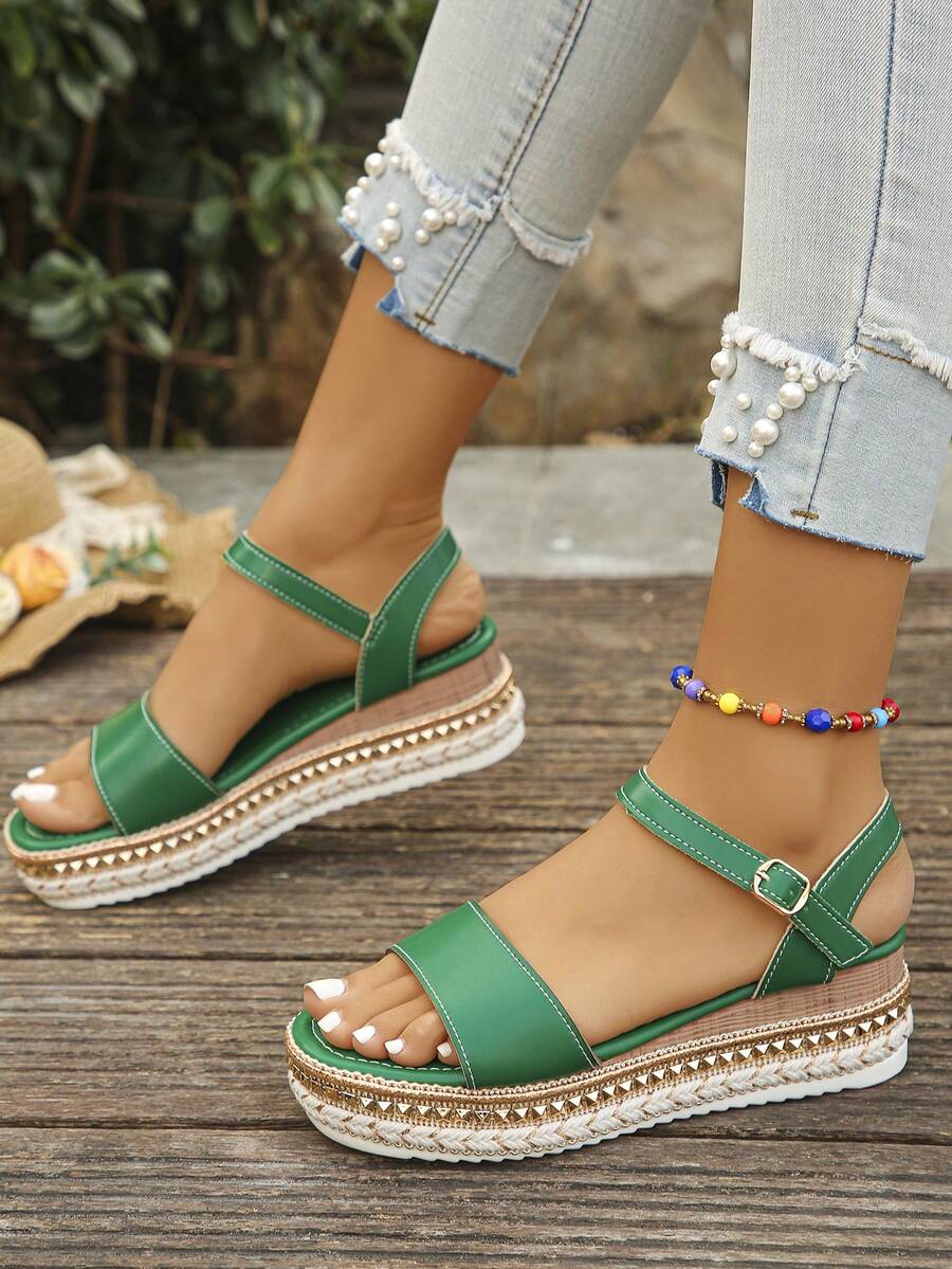 1 Pair Plus Size Minimalist Rivet Decor Buckle Women's Wedge Heel Thick Sole Sandals High Platform Comfortable Lightweight, Holiday Essential, Heels
