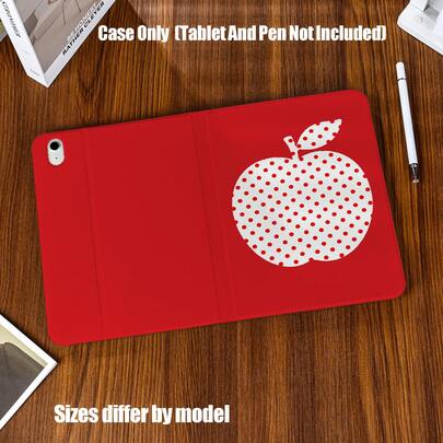 复古波点红色苹果书本式平板电脑保护套，带笔槽，兼容 iPad Mini 4/5/6、9.7/10.2/10.5/10.9/11/12.9/13 英寸、Pro/Air 4/5/6/7、第十/十一代、Galaxy Tab A7Lite/A8/A9/A9Plus/S6Lite/S7/S8/S9/S10/S11/FE/Plus 系列。产品特点：书本式翻盖设计、内置笔槽、智能睡眠/唤醒功能、稳定支架功能、全方位保护、精准开孔。