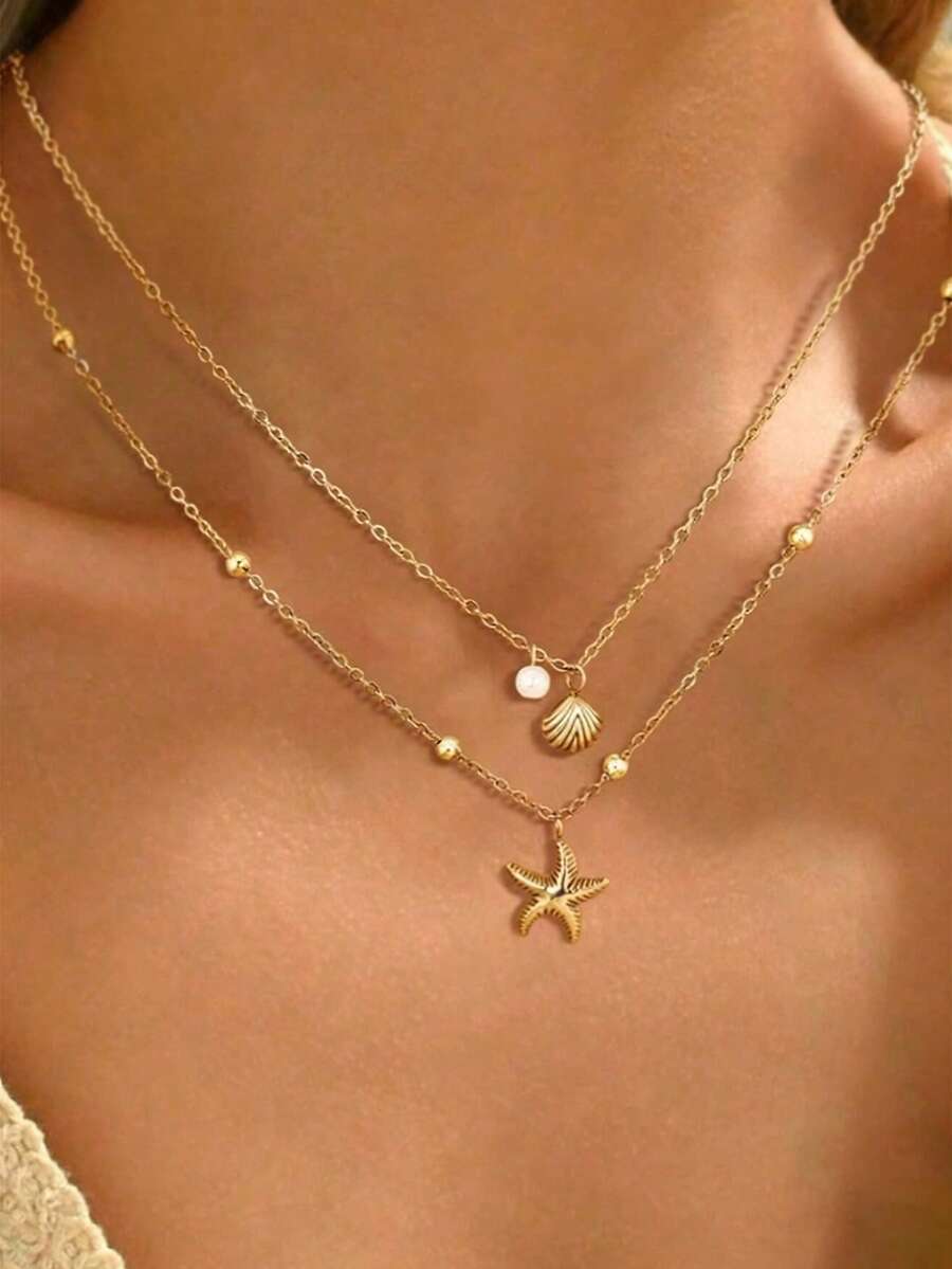 一套女士可调节贝壳和海星仿珍珠吊坠项链，适合夏季海滩、日常佩戴、生日礼物、友谊礼物 - 彩色 - 查看 1