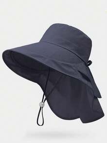 Women's Summer Sun Hat, Outdoor Cycling Neck Protector, Wide Brim, Breathable, Foldable, Hiking Bucket Hat, Fashionable, Versatile, Solid Color, Casual, Polyester Fiber (Polyester) Solid Color Windproof And UV Protection Hat For Spring And Summer., Beach, Vacation - Hat - View 8