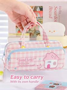 Bolsa de papelería portátil con doble capa y gran capacidad, estilo lindo a cuadros para almacenamiento de útiles escolares/de oficina - bordado a cuadros - Ver 3