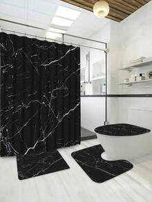 Bộ 4 món đơn giản, sang trọng, họa tiết vân đá cẩm thạch, gồm rèm tắm, thảm tắm, thảm chữ U và tấm phủ bồn cầu, 12 móc nhựa, kích thước 71*71 inch. - A - Xem 12
