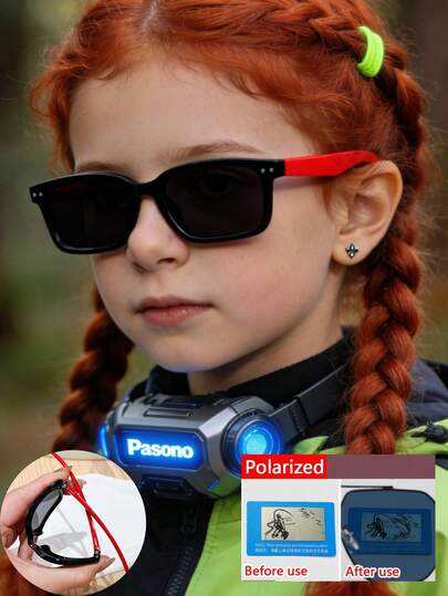 1副男女童（4-8岁）偏光太阳镜，撞色设计，柔韧硅胶材质，休闲复古长方形款式，适合海滩、户外运动和夏季活动，附眼镜盒