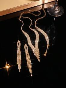 3件套时尚简约首饰套装，流苏项链、耳环、手链，适合女士晚宴和婚礼佩戴 - 金色 - 查看 3