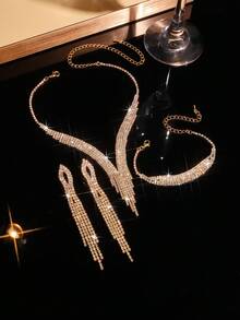 3件套时尚简约首饰套装，流苏项链、耳环、手链，适合女士晚宴和婚礼佩戴 - 金色 - 查看 4