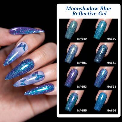 MEET ACROSS 7毫升月影蓝反光闪粉凝胶指甲油，春夏色彩，全息闪亮亮片，可卸UV/LED光疗，闪亮效果美甲，送给女性和女孩的礼物