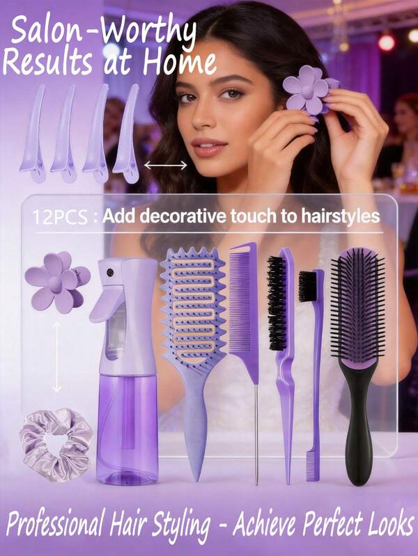 12 قطعة مجموعة فرش تصفيف الشعر للجنسين (فرشاة تجعيد محسنة، فرشاة وسادة نايلون 9 صفوف، فرشاة تنعيم، مشط ذيل، فرشاة التحكم في التجعد، زجاجة رذاذ، 4 مشابك تمساح، مشابك شعر بشكل زهرة، مجموعة فرش تصفيف الشعر)، مناسبة كهدية مفكرة للصديقات، مناسبة لتسريح الشعر في المنزل والتنعيم والتصفيف وعمل الكعكة. لصالون الحلاقة والسفر والمستلزمات الأساسية للجمال، منتجات الشعر، أدوات تصفيف الشعر في المنزل والاستحمام والنوم