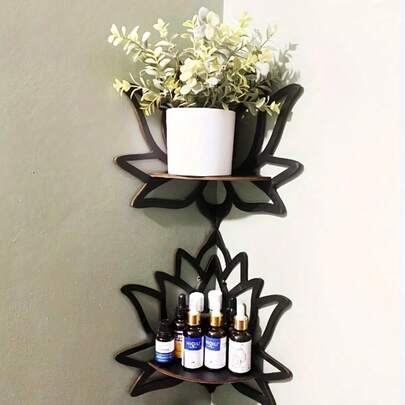 1件波西米亚曼陀罗壁挂式置物架（莲花造型） - 人造木质转角置物架，适用于冥想室装饰、禅意瑜伽工作室、家居节省空间悬挂式置物架、女士瑜伽礼物、房间装饰、转角置物架