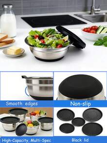 Bộ 1/5 món, bát trộn salad có nắp, bát đựng trái cây, bộ bát trộn, phụ kiện nhà bếp, bát trộn salad bằng thép không gỉ với đế silicon và thảm chống trượt, thích hợp để bảo quản thực phẩm, chuẩn bị bữa ăn, làm salad, dụng cụ nhà bếp. - màu đen - Xem 4