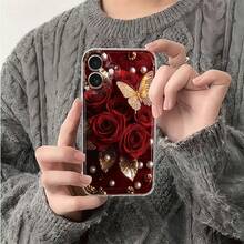 亮片、水钻红玫瑰、水钻蝴蝶、金叶仿珍珠透明手机壳 - 奢华柔软TPU防震保护套，适用于 17、16、15、14、13、12、11 Pro Max、16、15、14 Plus、13、12 Mini、X、XS Max、XR、8、7 Plus - 無色 - 查看 3