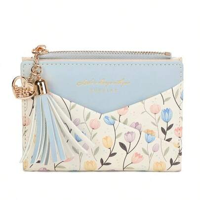 Nueva cartera con colgante con flecos, cartera bifold de mujer con múltiples ranuras para tarjetas y diseño de flores, de cuero PU de alta gama